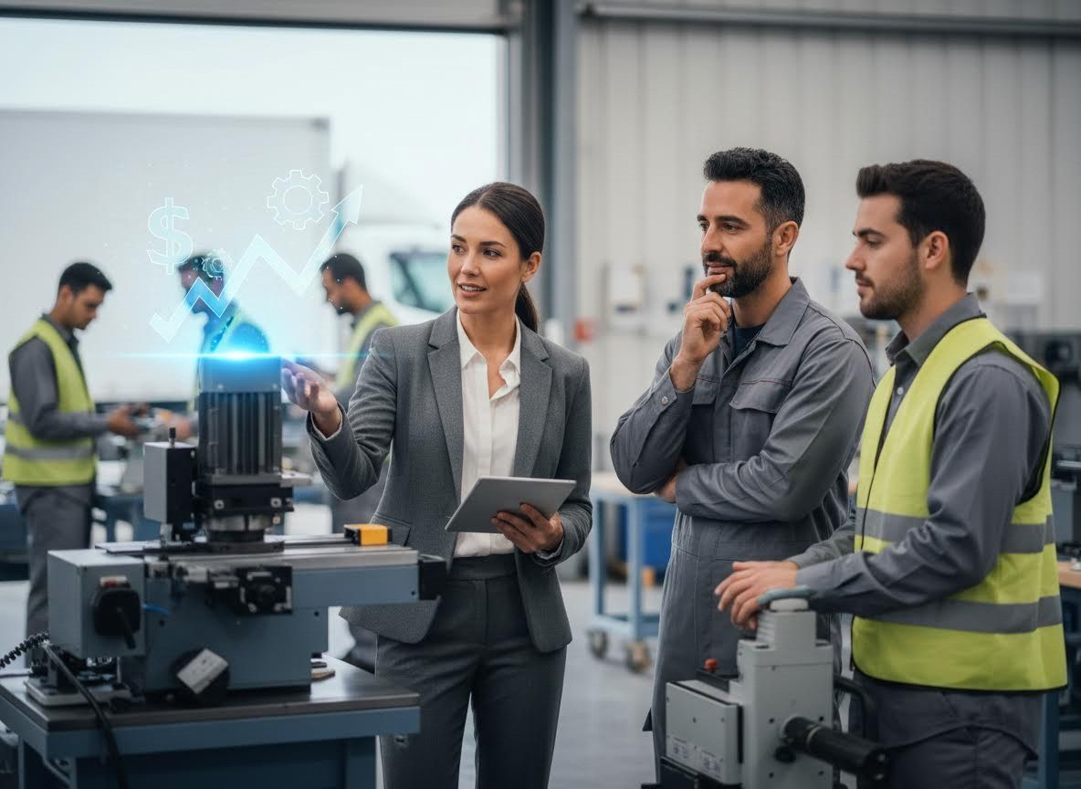 Businesswoman and factory workers discussing industrial growth