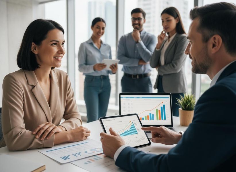 A diverse business team discusses data and graphs on tablets and laptops during a meeting in a modern office. Business Professionals Discussing Data