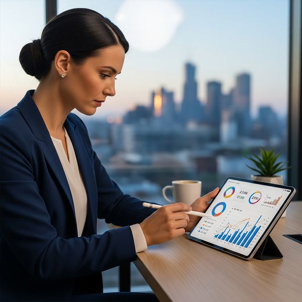 A professional businesswoman analyzes data on a tablet. image1.jpg