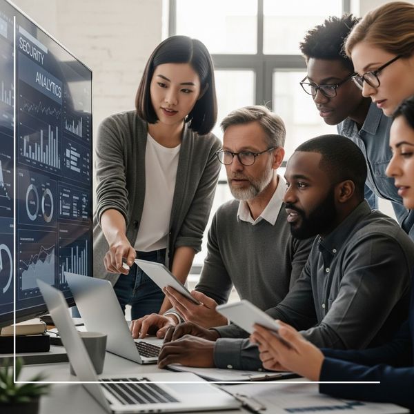A diverse team of IT consultants in a modern office, collaborating around a large screen that displays complex security analytics and charts. IT Cyber security Kingwood TX2.jpg
