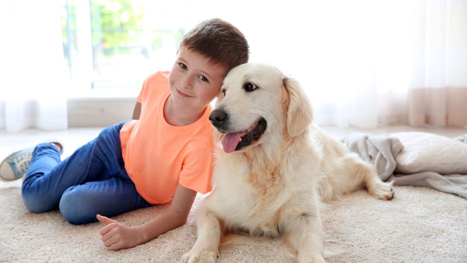 child and dog sitting on the carpet