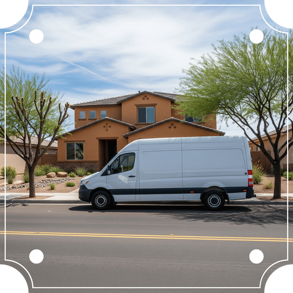 A clean, modern street scene in Queen Creek, AZ, with a residential home in the background. A Stain Wranglers branded van is parked outside, representing their local, on-location service.
