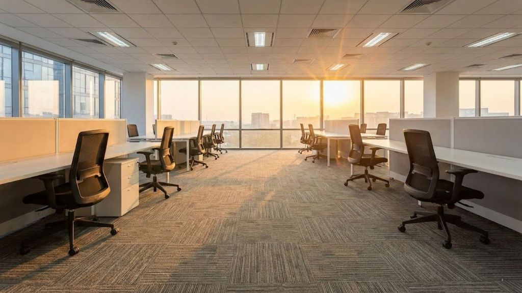 Modern office with clean commercial carpet and large windows at sunset