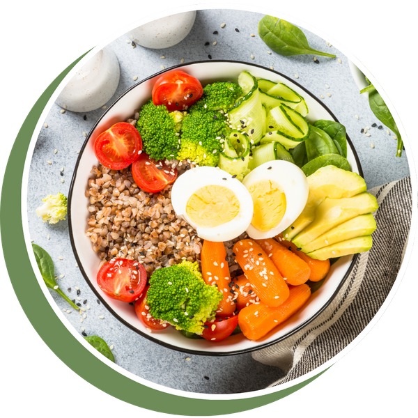 a bowl of nutritious foods like eggs, vegetables, and whole grains