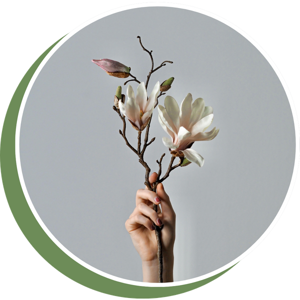 holding up a sprig of magnolia