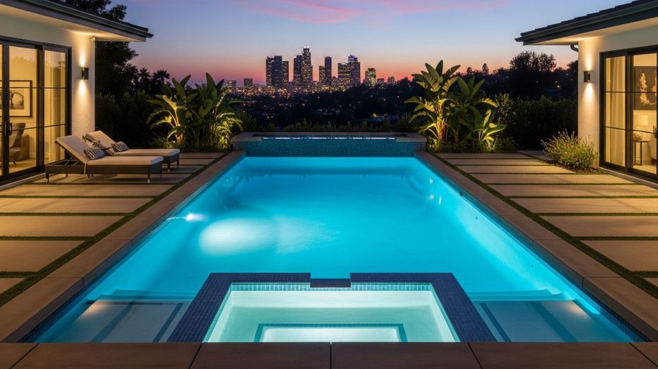 A beautiful custom-built swimming pool in a Los Angeles 