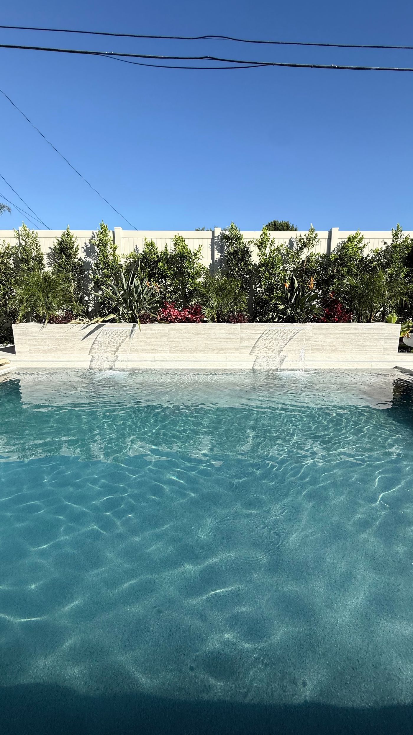Pool with dual sheer descents and lush landscaping in Woodland Hills.