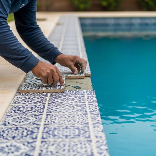 skilled mason meticulously laying tiles along the edge of a swimming pool skilled mason meticulously laying tiles along the edge of a swimming pool