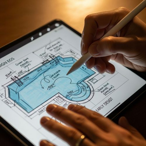 A pool designer sketching a custom pool plan A pool designer sketching a custom pool plan