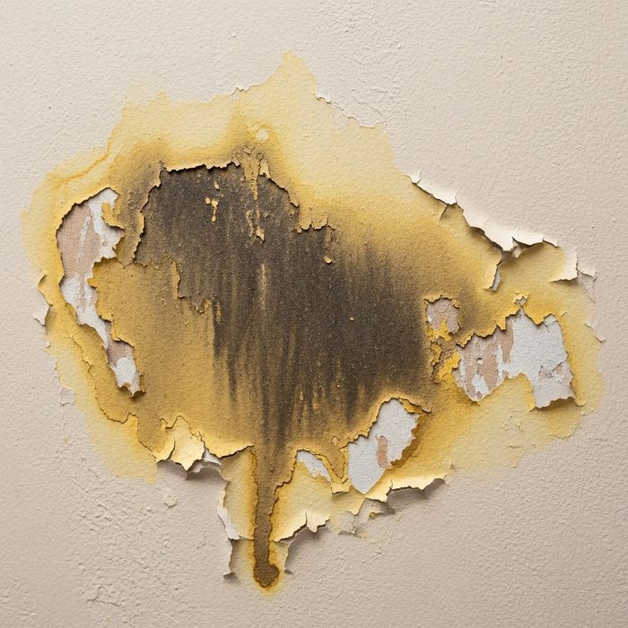 Detail shot of significant water damage discoloration and slight peeling on a white interior residential wall