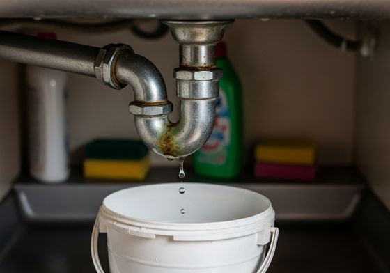 a leaking pipe under a sink with a bucket catching the drip