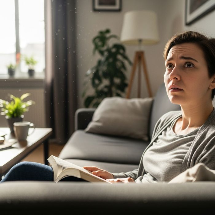 person hears a dripping sound, which interrupts them from reading