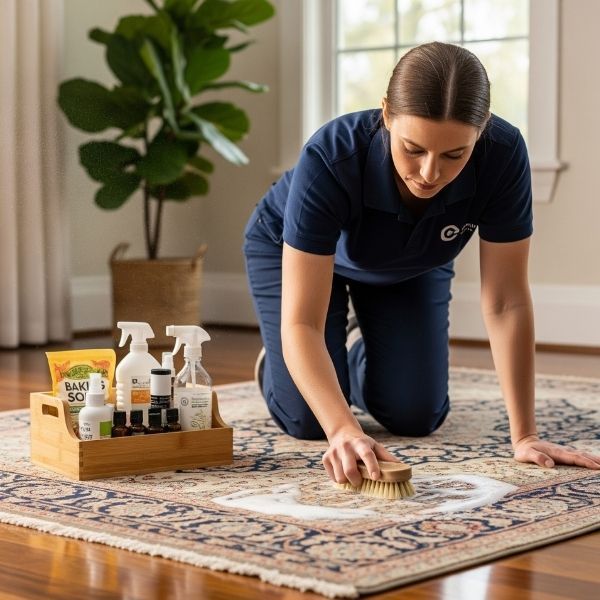 A cleaning technician is shown using a specialized tool to clean an area rug. A cleaning technician is shown using a specialized tool to clean an area rug.