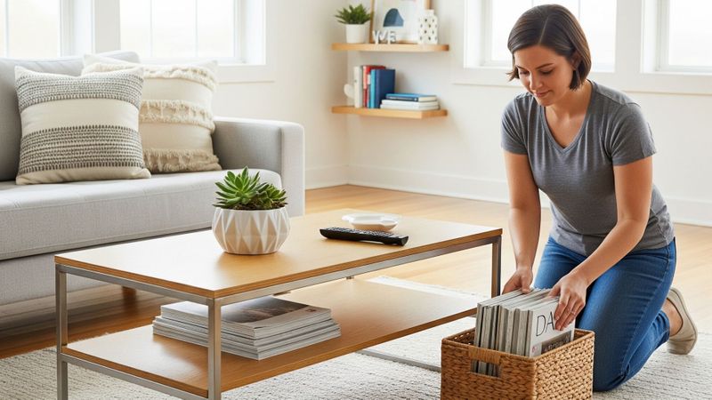 Woman tidying up her house.