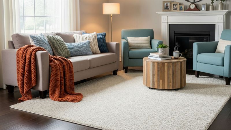 A cozy living room with a bright, clean area rug as the centerpiece.A cozy living room with a bright, clean area rug as the centerpiece.