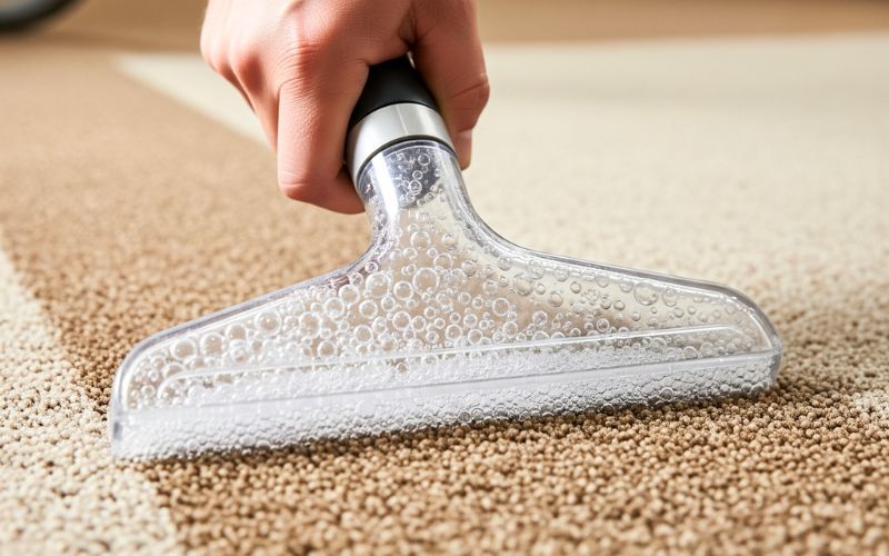 A close-up shot of a hand operating a cleaning wand on a carpet, with small bubbles visible from the deep carbonating cleaning process.