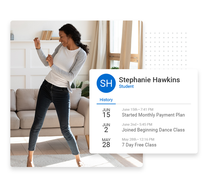 Smiling woman dancing in living room overlaid with client history details from the Marketing 360® CRM Dance studio CRM