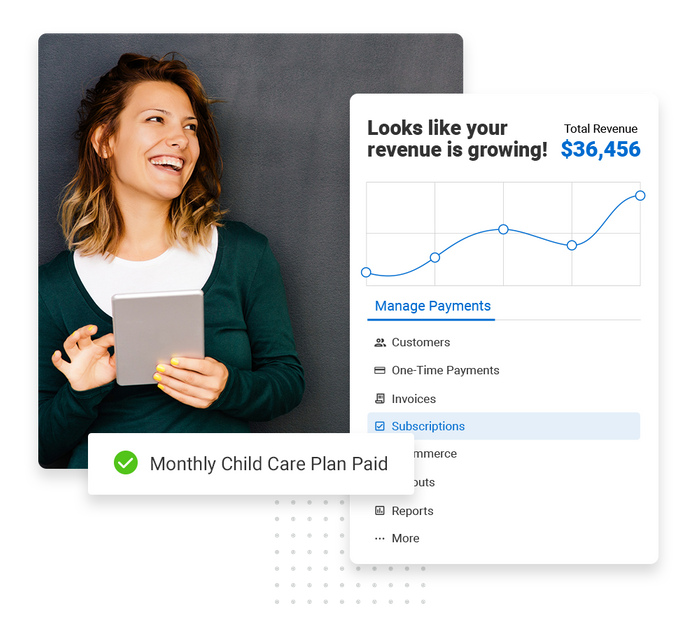 Smiling woman with iPad overlaid with revenue growth chart and a checkmark that says "Monthly child care plan paid' Child care payments software