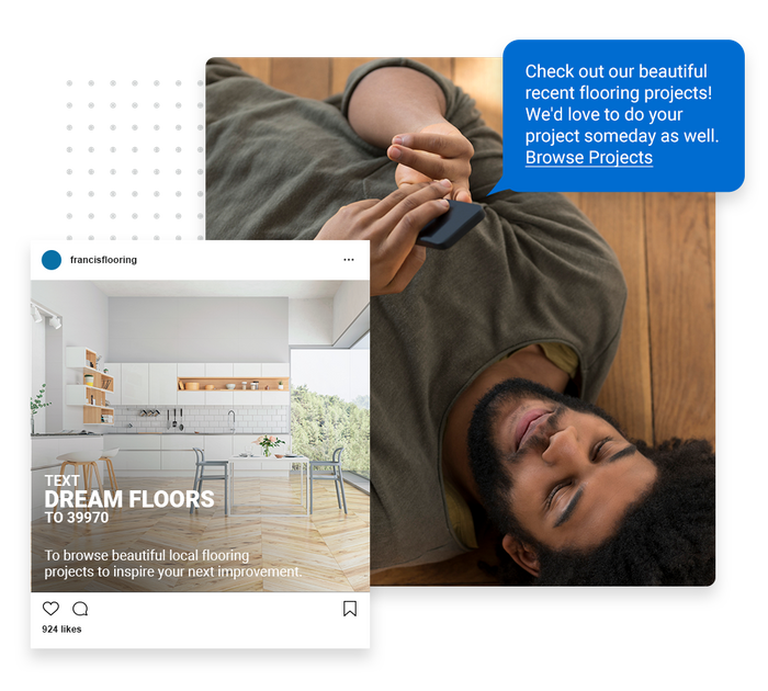 Man laying on floor looking at smartphone overlaid with a marketing text and social ad for a flooring contractor Flooring text message marketing