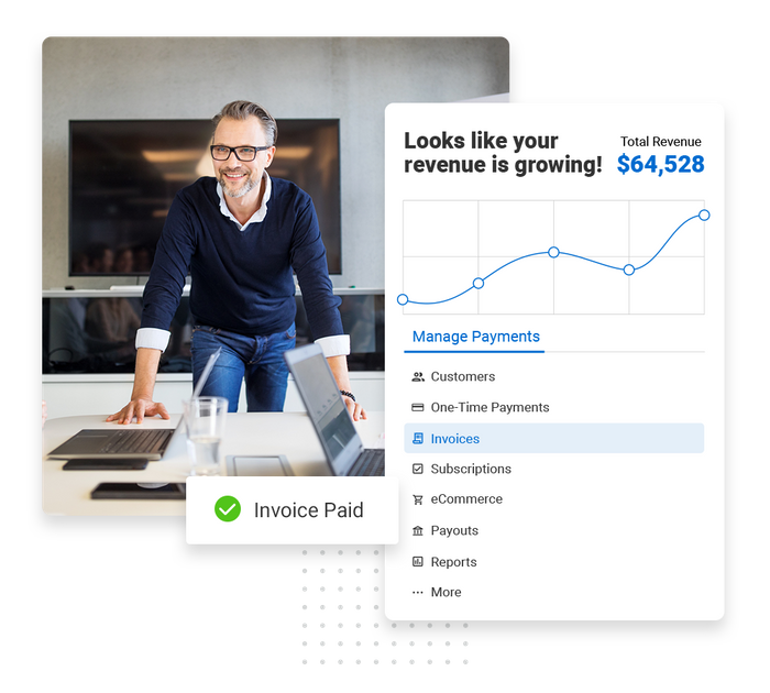 Smiling consultant in boardroom overlaid with revenue growth chart and a checkmark that says "Invoice paid Consultant payments software