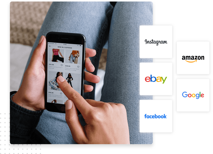 Woman shopping on a smartphone overlaid with marketplace icons Marketplace online shopping