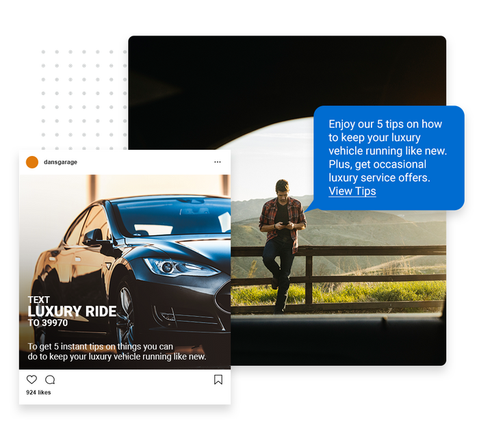 Man leaning against rail looking at phone overlaid with a marketing text and social ad for an auto shop Auto shop text message marketing