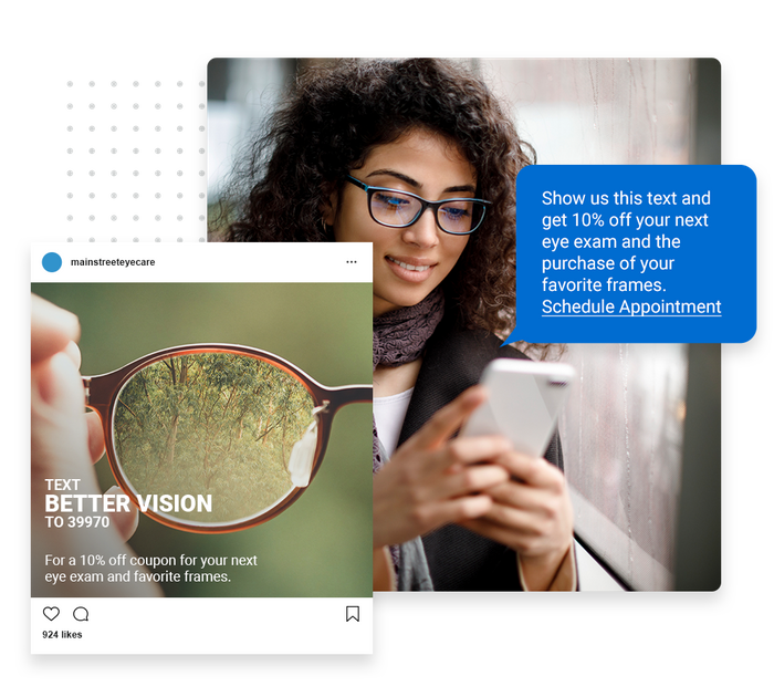 Smiling woman with glasses looking at phone overlaid with a marketing text and social ad for an eye doctor Optometrist text message marketing