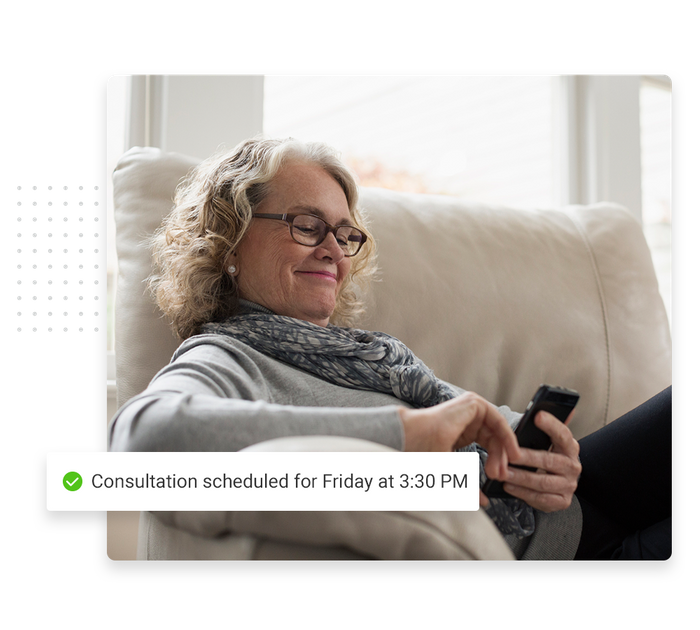 Smiling woman looking at phone overlaid with a checkmark that says 'Consultation scheduled for Friday at 3:30 PM' Event planner scheduling software