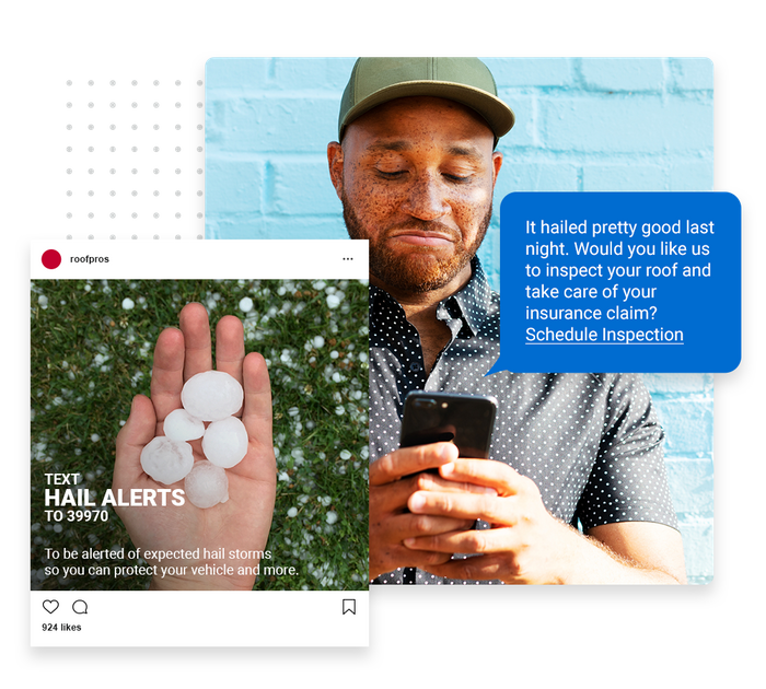Man looking at phone overlaid with a marketing text and social ad for a roofer roofer text message marketing