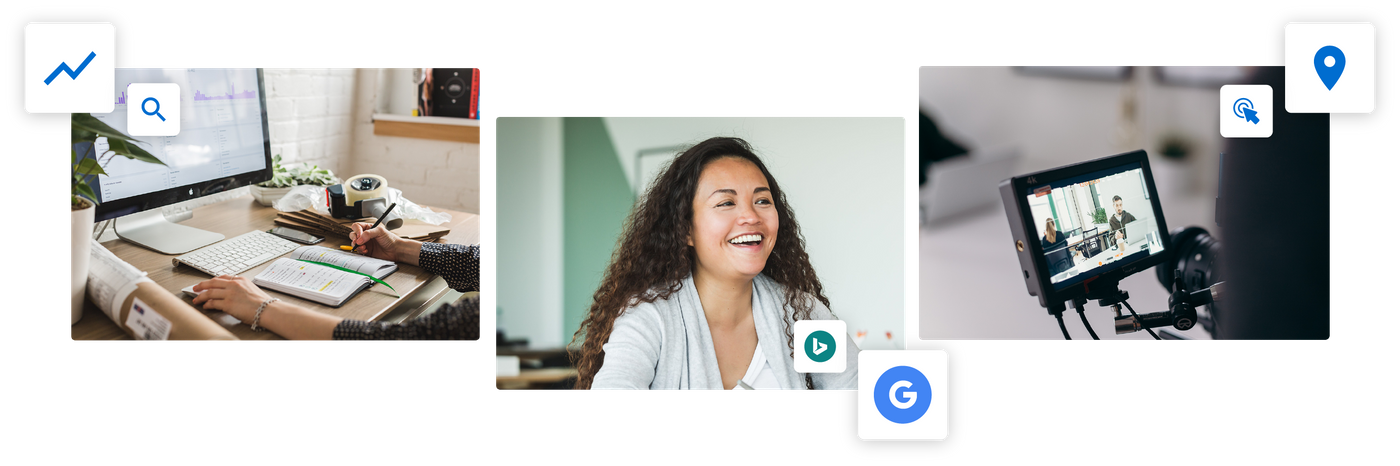 Woman's hands sitting in front of a computer monitor, woman smiling and video being recorded overlaid with SEO icons Content marketing banner