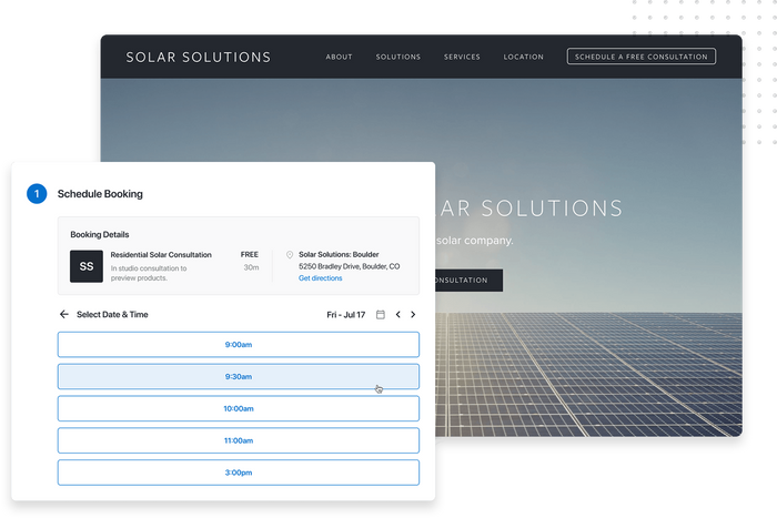 Solar contractor website overlaid with small business scheduling tool Solar company scheduling software
