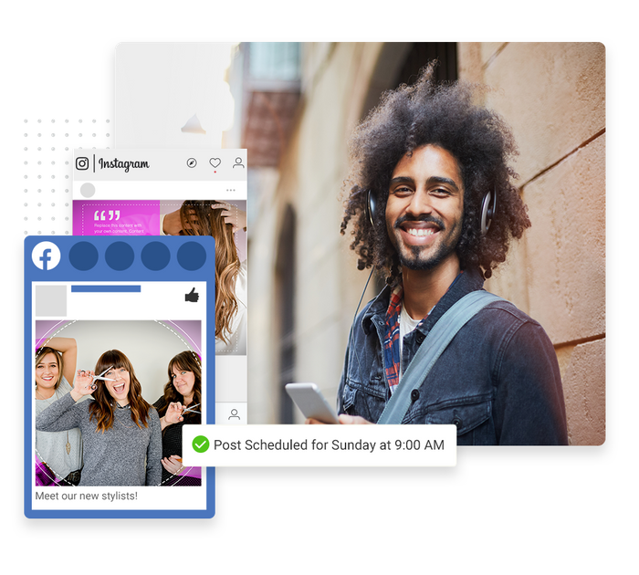 Smiling man with headphones overlaid with social posts and a checkmark indicating social posts were scheduled salon social media marketing