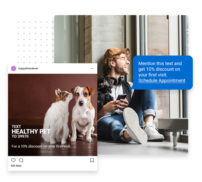 Smiling man with dog overlaid with a marketing text and social ad for a veterinarian veterinarian text message marketing