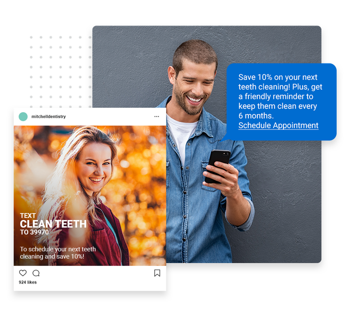 Smiling man looking at phone overlaid with a marketing text and social ad for a dentist Dentist text message marketing