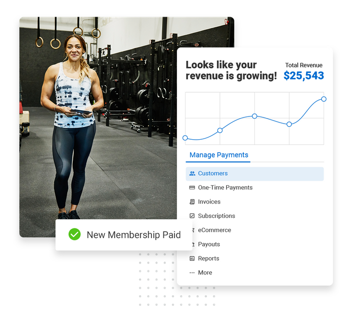 Smiling woman with tablet in gym overlaid with revenue growth chart and a checkmark that says "new membership paid Fitness payments software