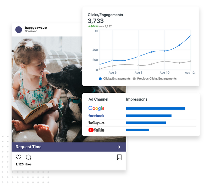 A social media ad for an animal clinic overlaid with ad clicks and engagements chart and impressions graph veterinarian advertising