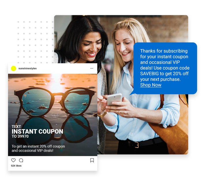 Two smiling women looking at smartphone overlaid with a marketing text and social ad for an e-commerce store E-commerce SMS marketing