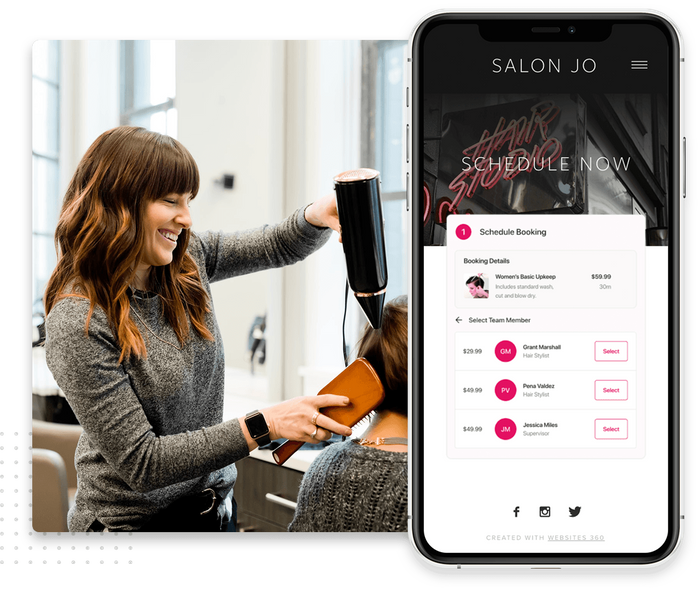 Woman styling hair overlaid with appointment booking page on a salon website Hair salon website online booking