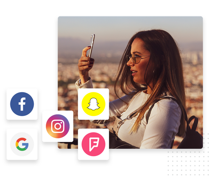 Woman looking at phone outside overlaid with icons for local sites and directories personal brand listings management