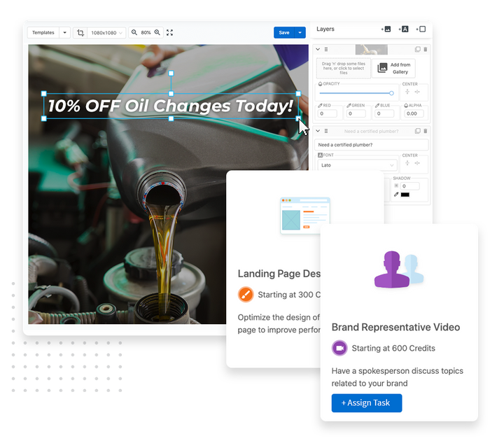 Auto shop website banner being built in Banner Builder overlaid with task descriptions for a landing page and a brand video Auto shop website banner