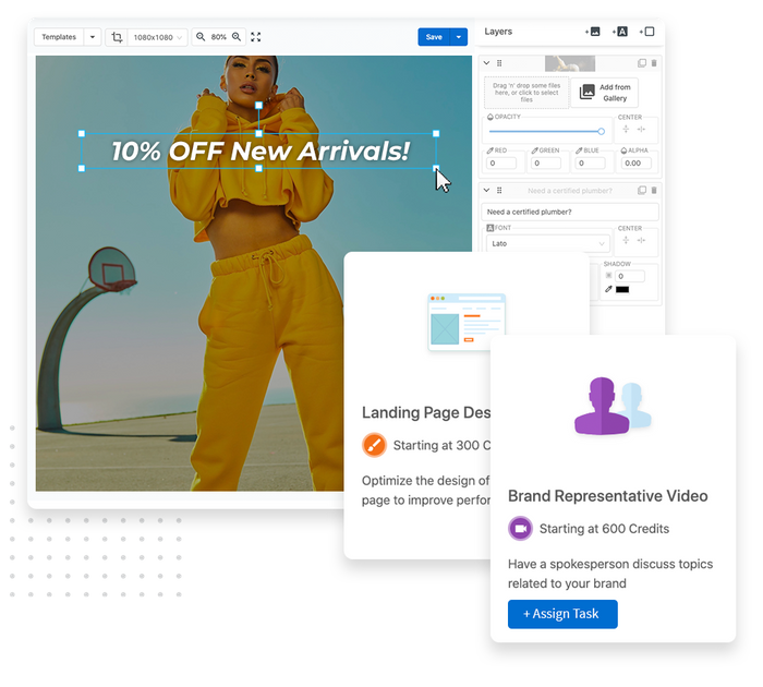 E-commerce website banner being built in Banner Builder overlaid with task descriptions E-commerce website banner