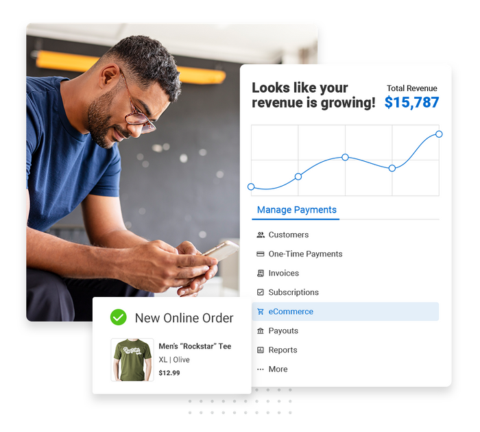 Smiling man looking at phone overlaid with revenue growth chart and a checkmark that says "new online order" E-commerce payments software