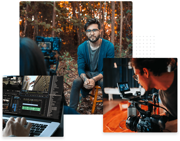 Man being filmed outdoors overlaid with laptop displaying video editing software and a video pro shooting a video Professional video production services