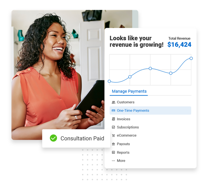 Smiling woman with tablet overlaid with revenue growth chart and a checkmark that says "Consultation paid' personal brand payments software