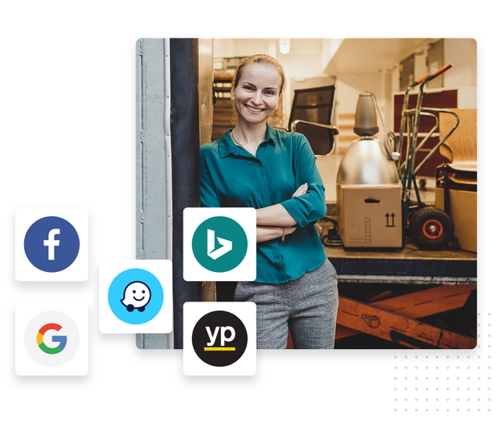 Woman in storage unit overlaid with icons for local sites and directories self storage listings management