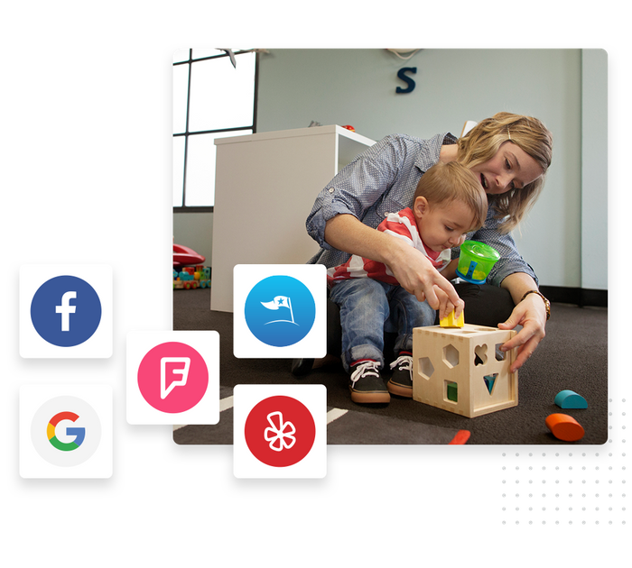 Child care provider with child overlaid with icons for local sites and directories Child care listings management