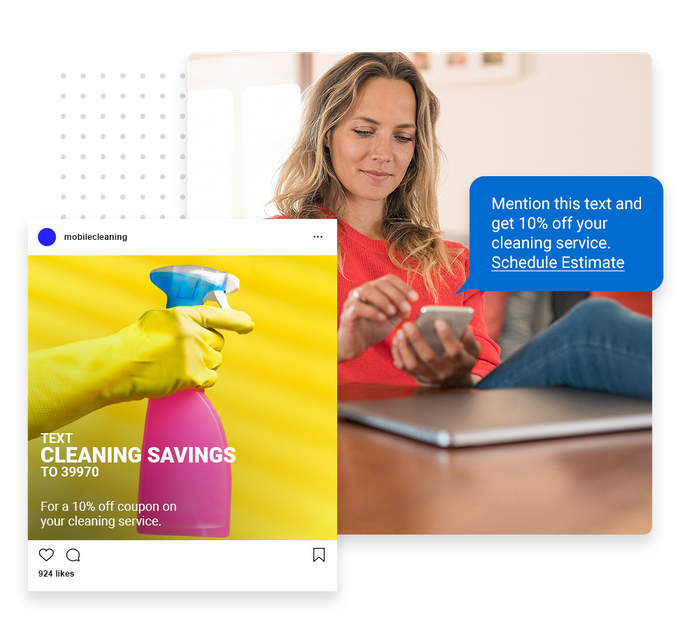 Smiling woman looking at phone overlaid with a marketing text and social ad for a house cleaning company house cleaning text message marketing