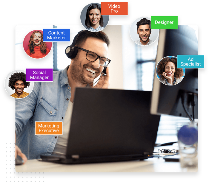 Smiling marketing manager wearing a headset and looking at a computer overlaid with different members of the marketing team Marketing team