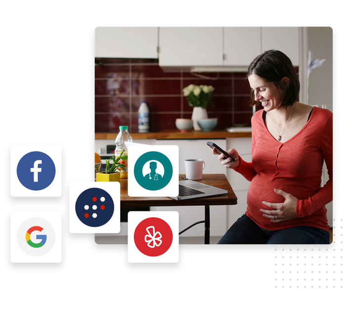 Smiling pregnant woman looks at phone overlaid with icons for local sites and directories medical listings management