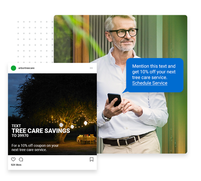 Smiling man with phone overlaid with a marketing text and social ad for a tree care company tree care text message marketing